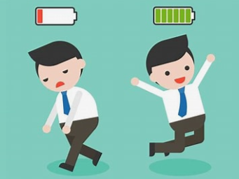 A tired man trudging beneath an empty battery icon beside an energetic man leaping with his arms up beneath a full battery icon