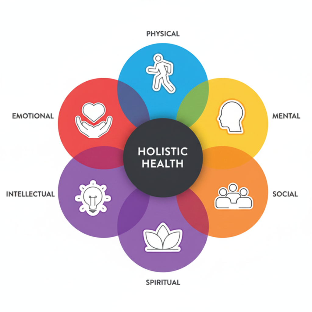 Flower diagram of the six aspects of holistic health, one colour per petal: physical, mental, social, spiritual, intellectual and emotional