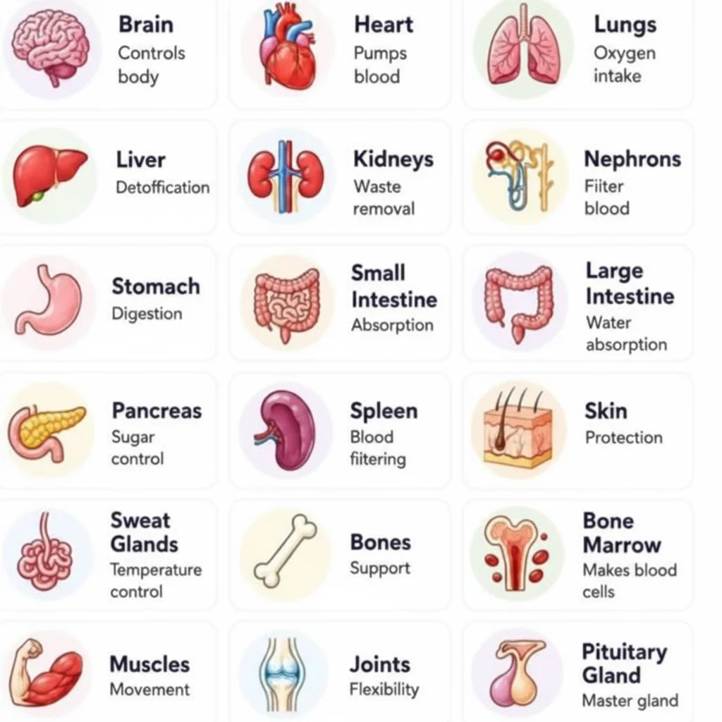 Chart of eighteen organs and their functions, from the brain controlling the body to the pituitary master gland