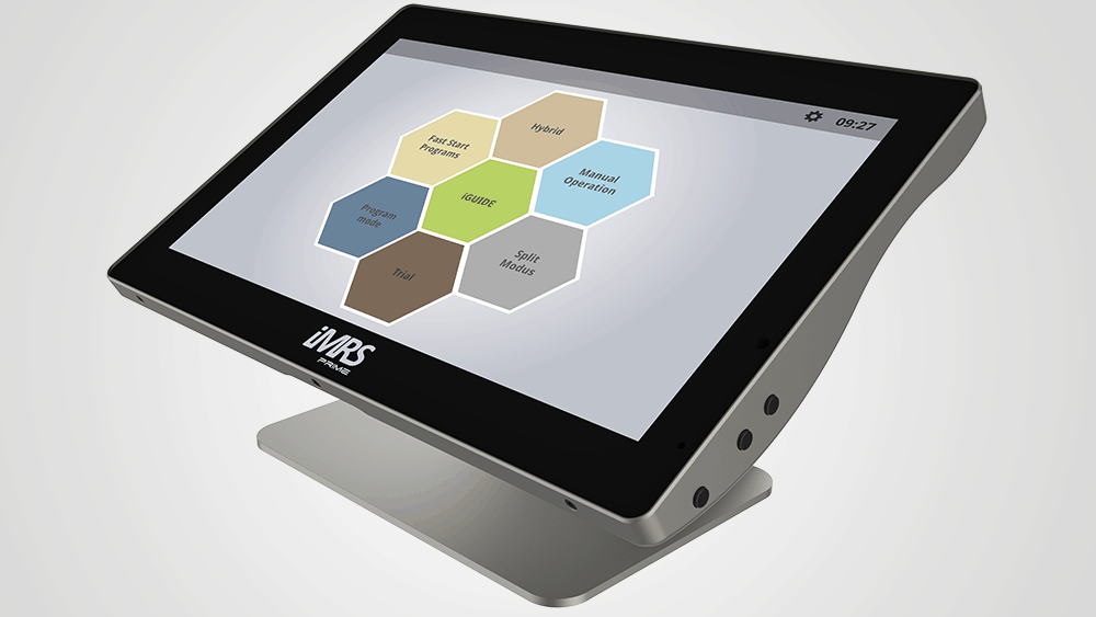 The iMRS prime control panel: a touchscreen tablet on an aluminum stand