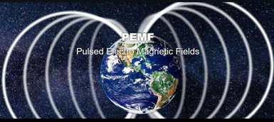 Earth in space ringed by pulsed electromagnetic field lines, captioned PEMF: Pulsed Electro Magnetic Fields