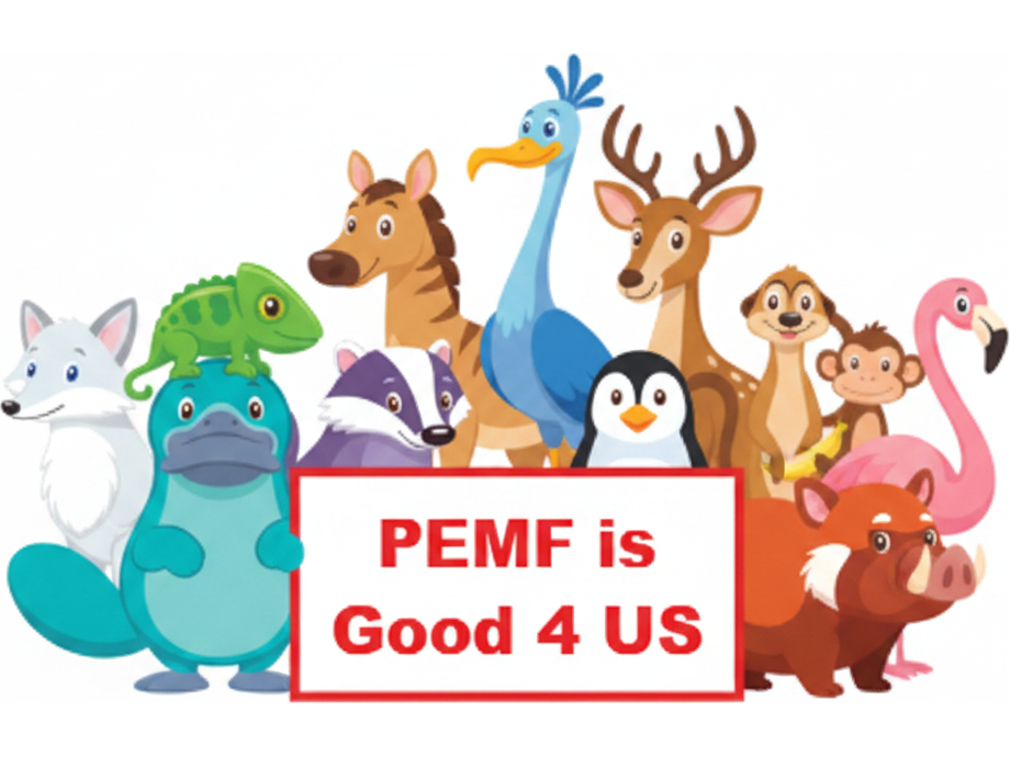 A group of cartoon animals -- an arctic fox, platypus, chameleon, badger, okapi, ostrich, deer, penguin, meerkat, monkey, flamingo and boar -- holding a sign reading: PEMF is Good 4 US
