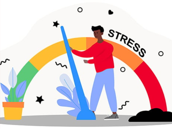 A person pushing the needle of a large stress gauge down from red through orange towards green, with the word STRESS across the dial
